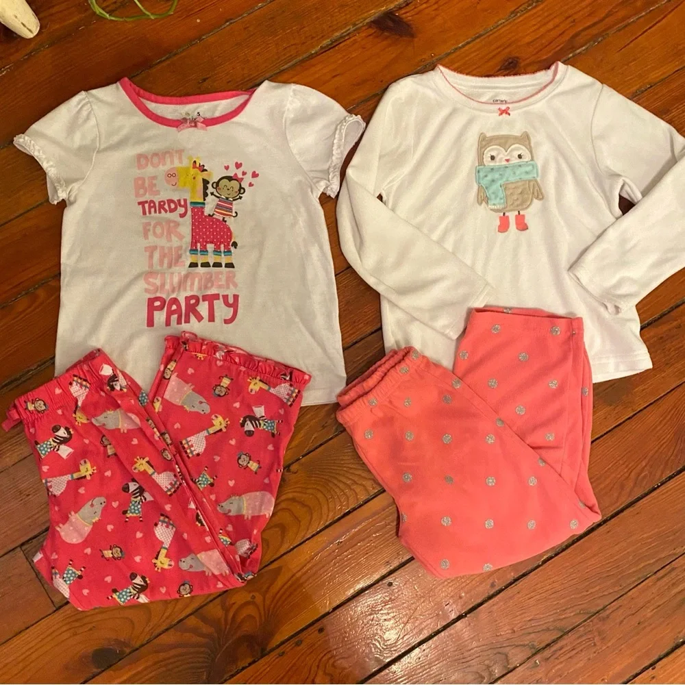 Lot of 2 Pajama Sets Long Sleeve & Pants Size 5 Pink & White